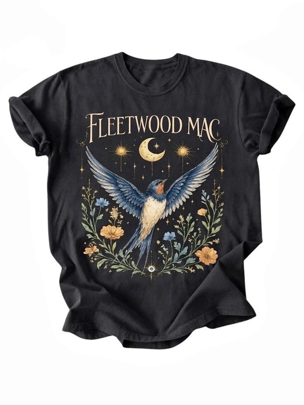 Fleetwood Mac Celestial Swallow Floral Moon Gildan T-Shirt